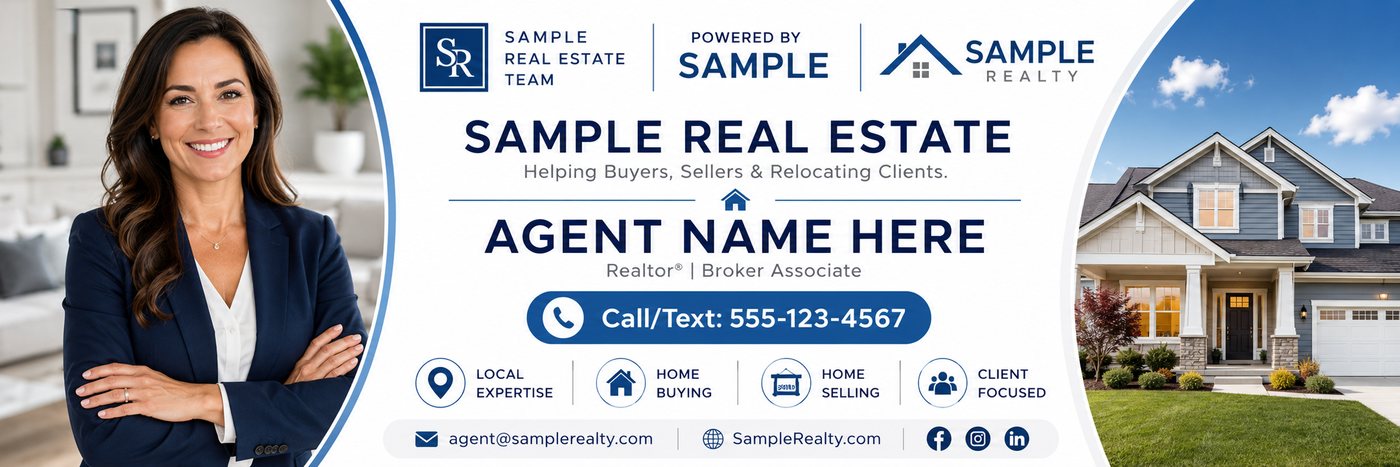 Classic real estate Facebook cover banner sample with fictional agent, logo, phone, and tagline
