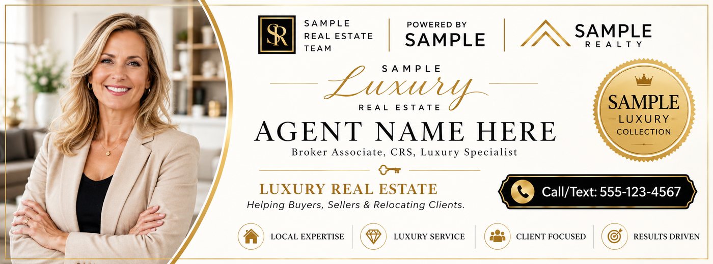 Luxury real estate Facebook cover banner sample with fictional agent, logo, phone, and tagline