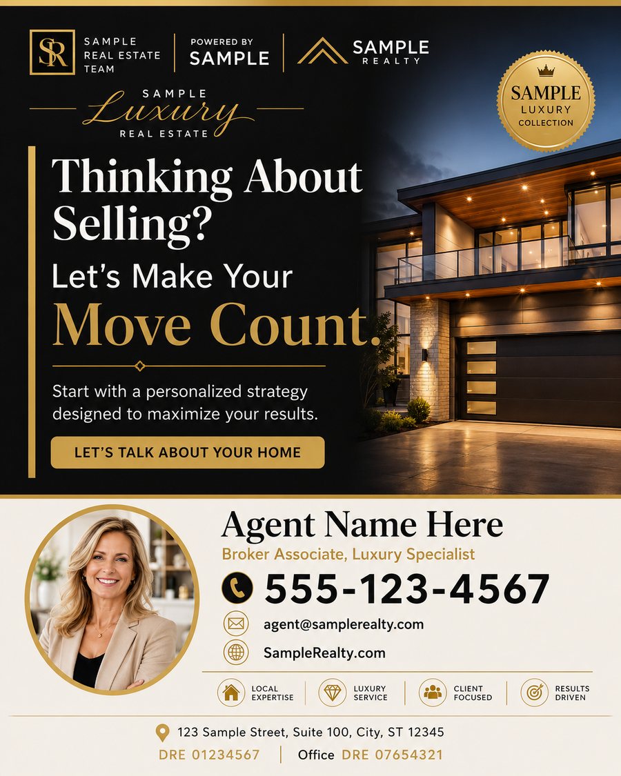 Finished luxury seller ad layout for a fictional brokerage