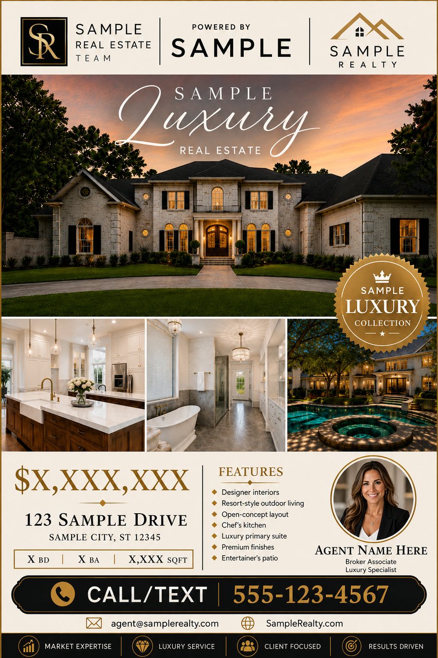 Finished luxury listing ad layout for a fictional brokerage