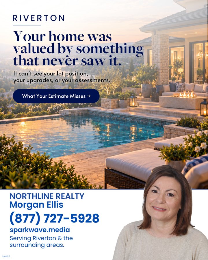 A poolside luxury home at dusk with a headline about the limitations of an online home estimate.