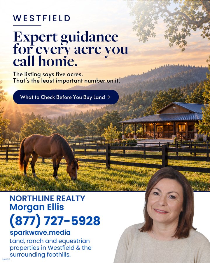 Horse and country home at sunset with a headline about expert guidance for every acre.