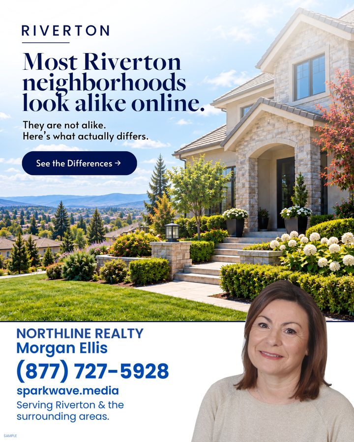 Stone home and landscaped neighborhood with the headline Most Riverton neighborhoods look alike online.