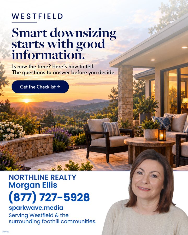 Terrace overlooking mountains at sunset with a smart downsizing headline.