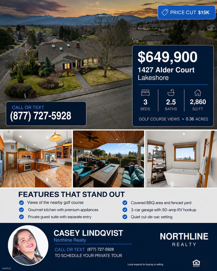 Golf course home listing with aerial and interior photos and a navy property details panel.