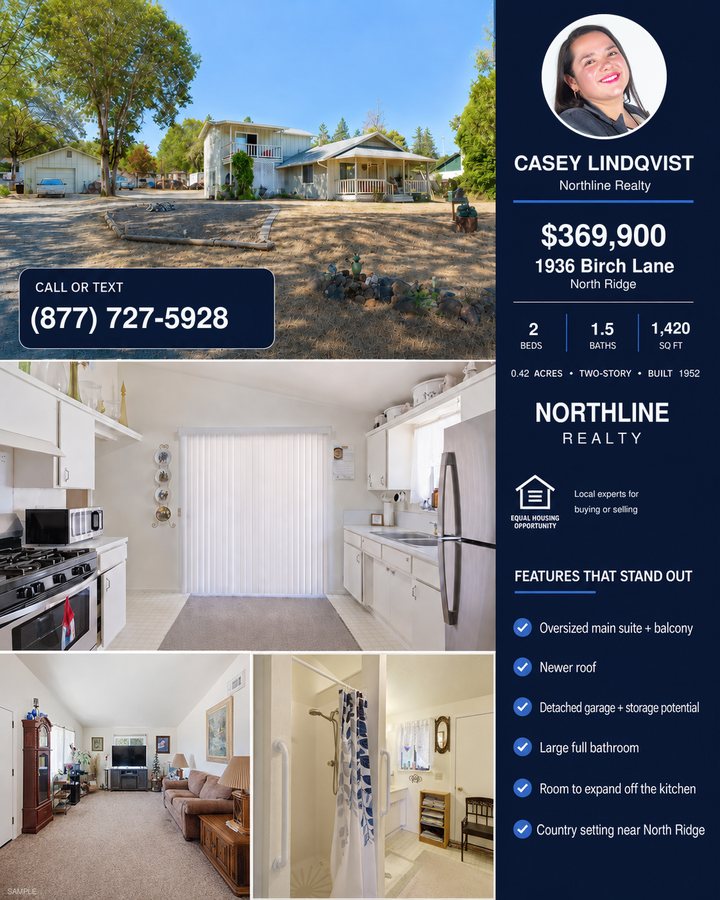 Country home listing with exterior and kitchen photos beside a navy information panel.