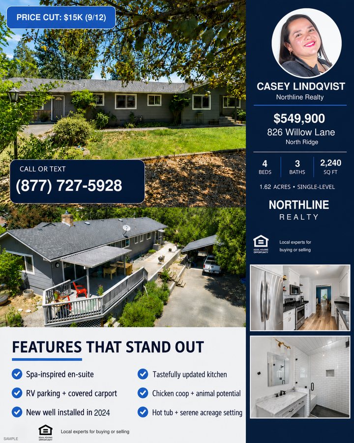 Single-level green home with aerial and interior photos and a navy and white features section.