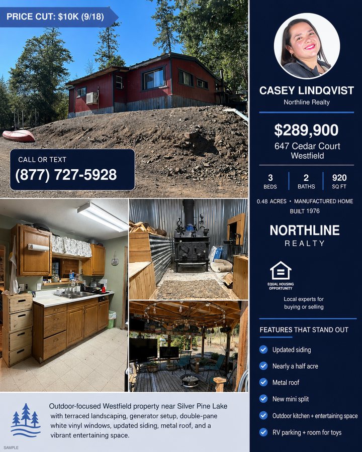Woodland property listing with exterior, kitchen, and deck photos.