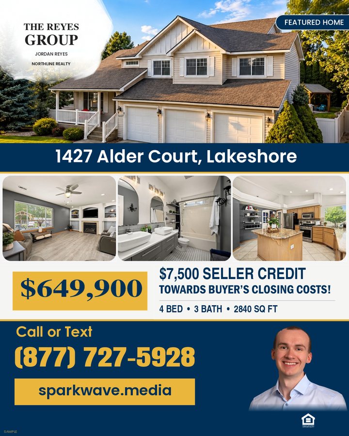 Featured home ad with an exterior image, three interior photographs, and a blue and gold contact panel.