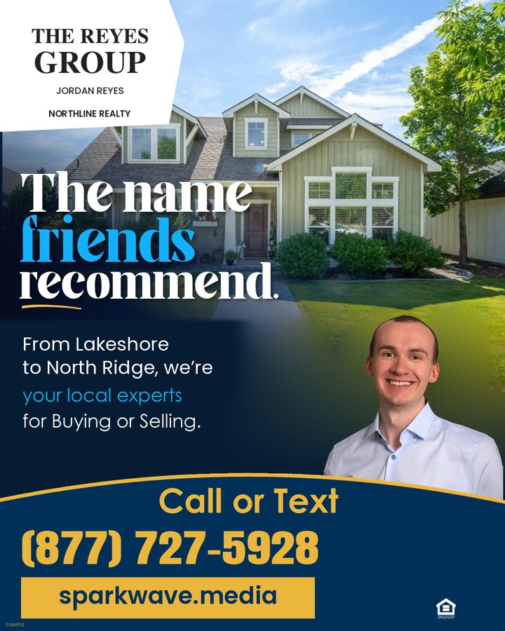 Blue and gold agent branding ad with a craftsman home and Jordan Reyes portrait.