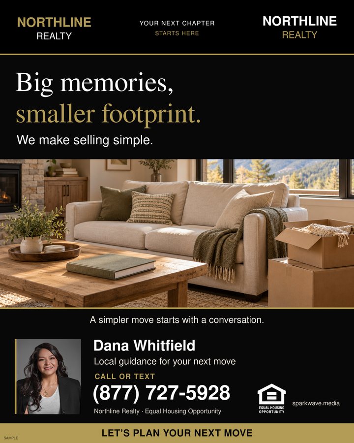 Black and gold downsizing ad featuring a sunlit living room and Dana Whitfield’s portrait.