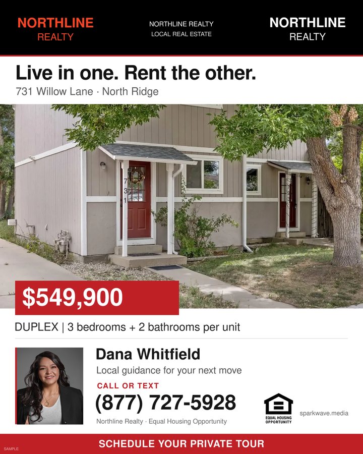 Red, black, and cream duplex listing with the headline Live in one. Rent the other.