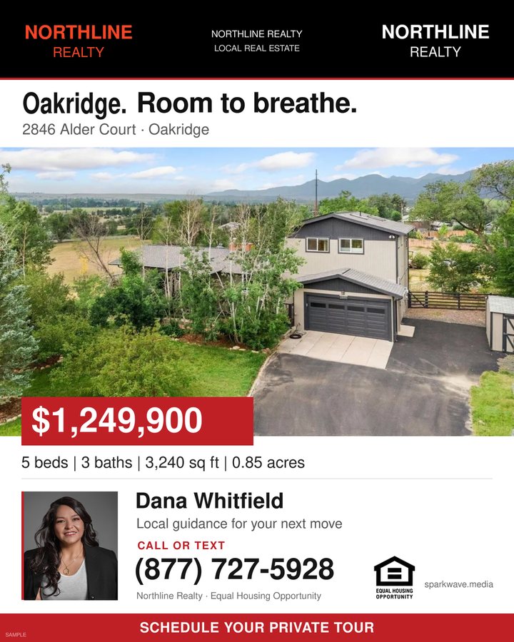 Red and black listing design featuring a modern home with a mountain backdrop.